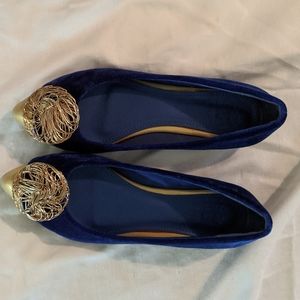 New Dark blue suede flats with gold accents. New.